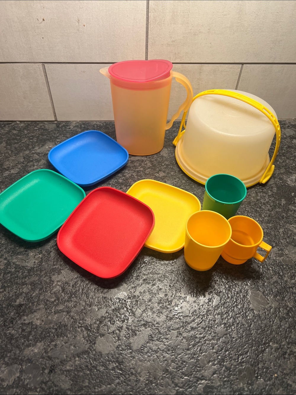 Kids Tupperware kitchen play Plastic Dining Set - Plates, Cups & Pitcher